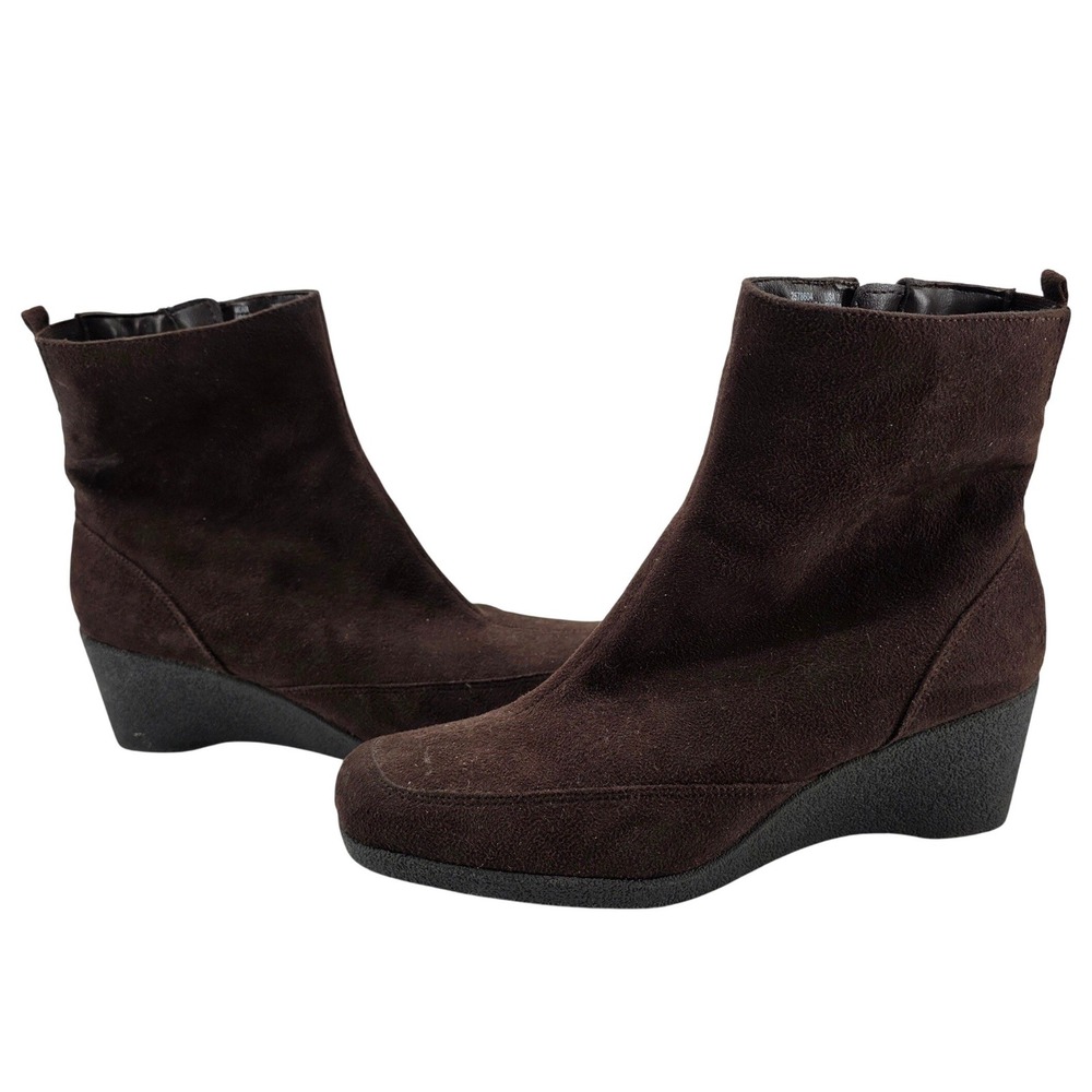 Faded Glory Mona Wedge Ankle Boots 7 Brown Faux Suede Side Zip Heel Booties Y2K